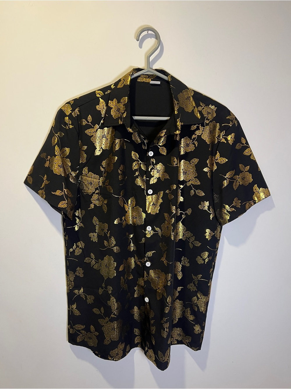 Black Short Sleeve Dress Shirt Unisex with Gold Floral Print - Size S